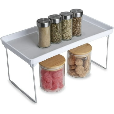 Smart Design Stackable Cabinet Shelf - Non-Slip Lining and Feet - BPA Free - Cupboard, Counter, Pantry, Storage, Kitchen Organizer - White with Gray