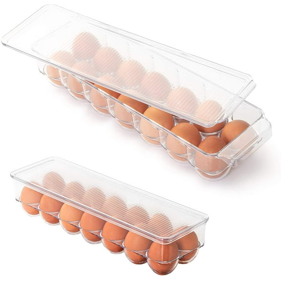 Smart Design Stackable Refrigerator Egg Bin with Handle and Lid - Set of 2 - BPA Free - Food Storage Container Organizer for Fridge, Freezer - 14.65 x 3.25 Inch - Clear