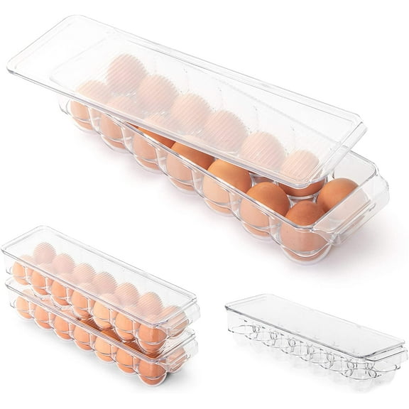Smart Design Stackable Refrigerator Egg Bin with Handle and Lid - Set of 4 - BPA Free - Food Storage Container Organizer for Fridge, Freezer - 14.65 x 3.25 Inch - Clear