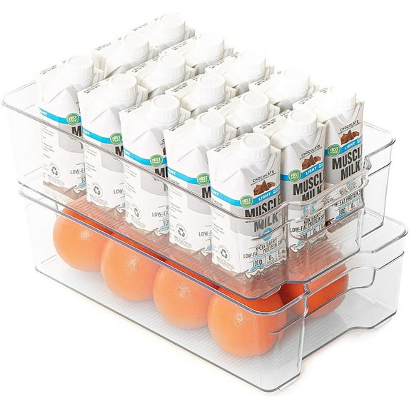 Smart Design Stackable Set of 4 Refrigerator Bins - 8 x 15 Inch - with Handle - BPA Free Polyethylene - Fridge, Freezer, Pantry Organization - Kitchen - Clear