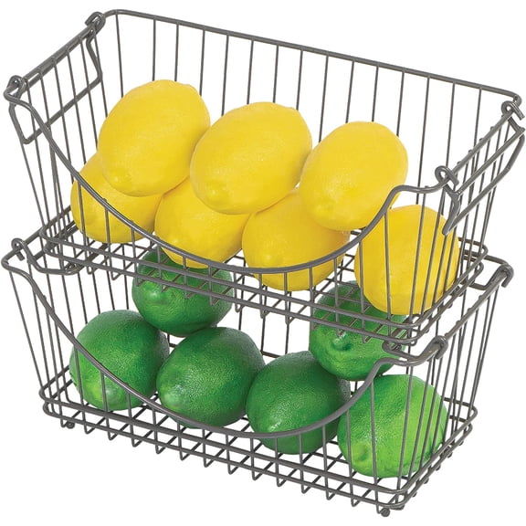 Smart Design Stacking Baskets with Handles - Set of 2 Medium - Steel Metal Wire - Produce Safe Storage Bin Organizer - Pantry Counter Stand Rack - Kitchen - 12.63 x 5.5 Inch - Gunmetal