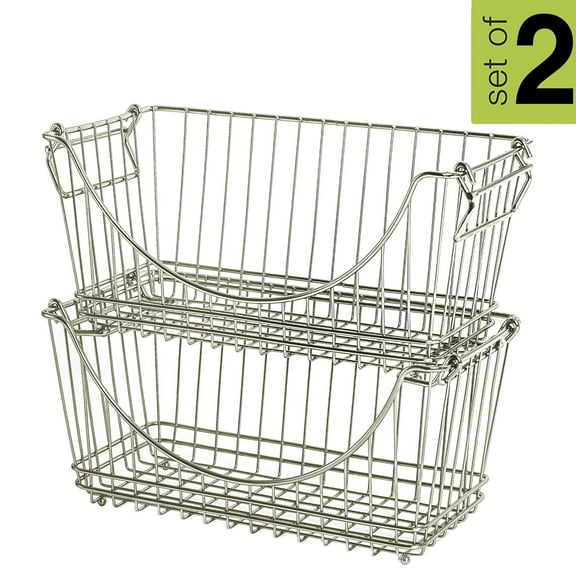 Smart Design Stacking Baskets with Handles - Set of 2- Medium - 12.63 x 5.5 Inch - Satin Nickel