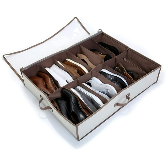 Smart Design Underbed 12 Compartment Shoe Organizer Storage Bag - Holds 12 Pairs of Shoes - Heavy Duty Durable Material - Home Organization - 30 x 6 Inch - Beige