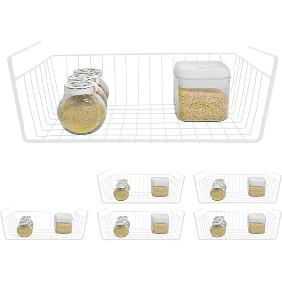 Smart Design Undershelf Storage Basket - Set of 6 - Medium - Snug Fit Arms - Steel Metal Wire Frame - Rust Resistant - Cabinet Pantry, Shelf Organizer Rack - Kitchen & Bathroom - 16 x 5.5 Inch - White