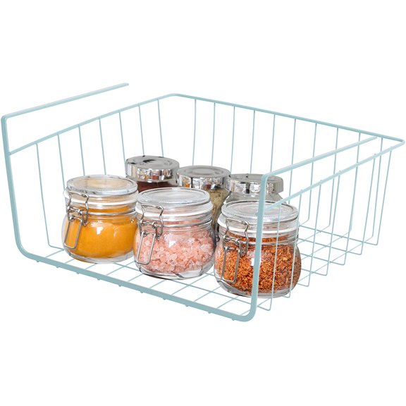 Smart Design Undershelf Storage Basket - Small - Snug Fit Arms - Steel Metal Wire - Rust Resistant - Under Shelves, Cabinet, Pantry, and Shelf Organization - 12 x 5.5 Inch - Light Blue