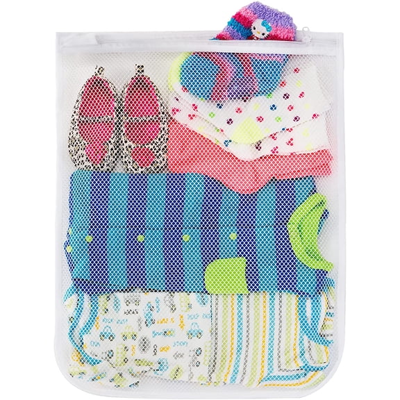 Smart Design Wash Bag with Safety Zipper - Washing Machine Safe - Fine Mesh Nylon Polyester - Bra, Hosiery, Pantyhose, Delicates, Lingerie, and Baby Clothes - 18 x 14 inch - White