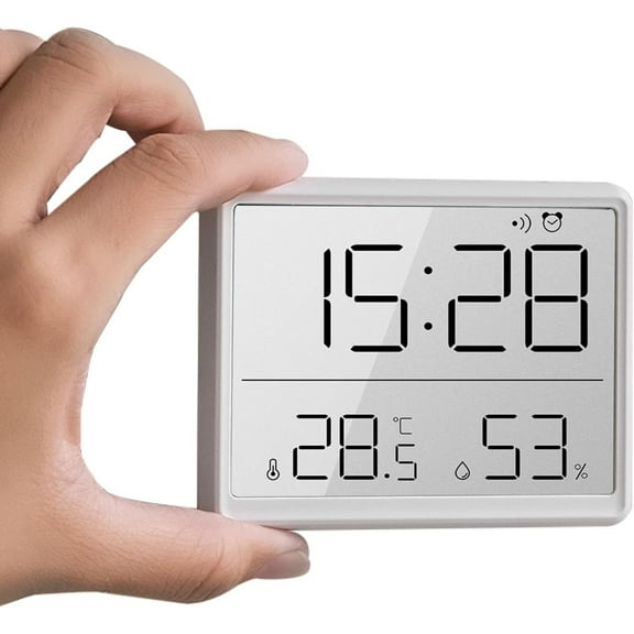 Smart Digital Alarm Clock with Magnetic Back - Displays Time, Date, Indoor Temperature & Humidity, Battery Operated (White)-dh