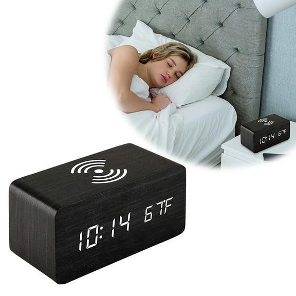 Smart Digital Alarm Clock with Voice Control Wireless Charger Date and Temperature Display for Home