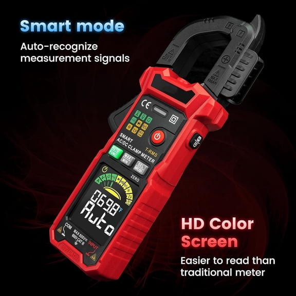 Smart Digital Clamp Meter with D-Shaped Jaws, Clamp Multimeter with Inrush Current Function, Auto-ranging Amp Meter Built-in HD Color Screen, Measures AC/DC Current Voltage Temperature NCV