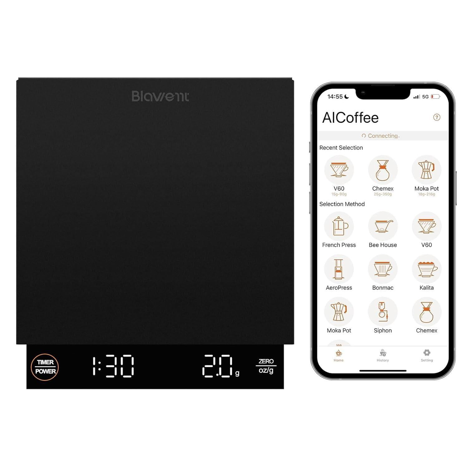 Smart Digital Coffee Kitchen Scale w/Auto Timer & Tare, Bluetooth High Precision