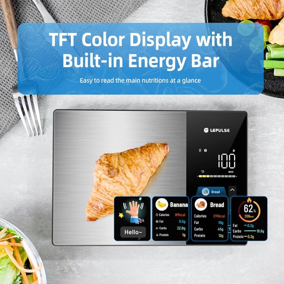 Smart Digital Kitchen Scale with Nutritional Calculator, Stainless Steel Food Scale for Weight Loss, App Sync 23 Nutrients Tracking, Calorie Fat Carbs, 11lb Capacity, Black