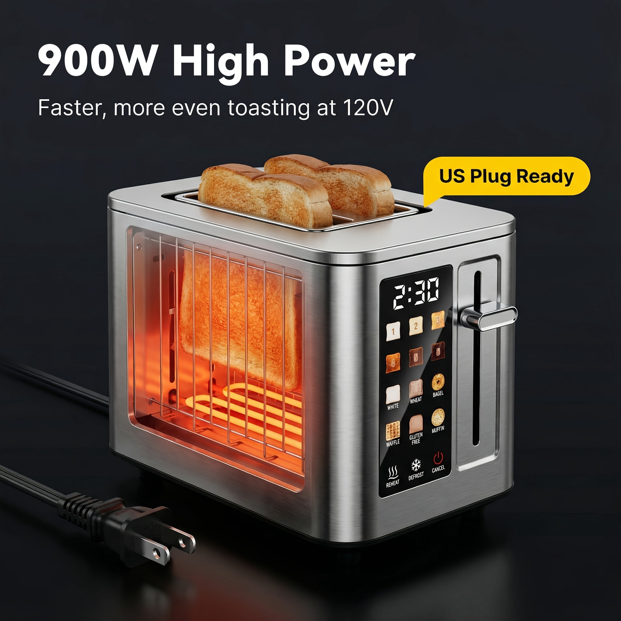Smart Digital Touch 2-Slice Toaster with Anti-Burn, 6 Bread Types & Shade Levels, Bagel/Defrost/Reheat, 5.1" Slot, Removable Crumb Tray