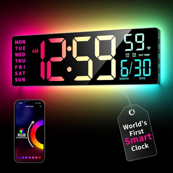 Smart Digital Wall Clock with App Control, 16.5 Large RGBIC Wall Clock with Multiple DIY Color and Music Sync, LED Display, Auto DST, Plug-in Clocks for Classroom Home Gym Gaming