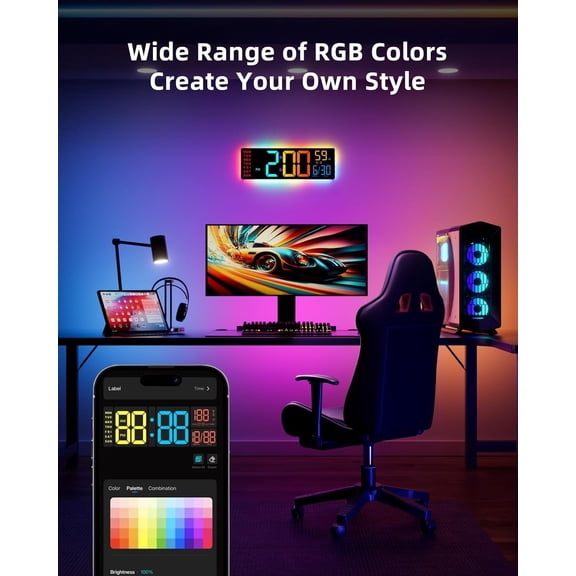 Smart Digital Wall Clock with App Control, 16.5' Large RGBIC Wall Clock with Multiple DIY Color and Music Sync, LED Display, Auto DST, Plug-in Clocks for Classroom Home Gym Gaming