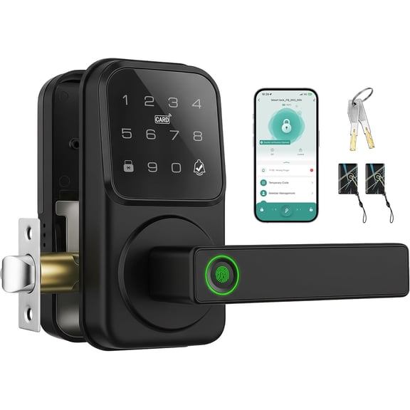Smart Door Handle Lock, Fingerprint Smart Lock with Touchscreen Keypad - Keyless Biometric Deadbolt Door Knob for Front Door, Bedroom, Interior or Exterior Use (Black, App Control)