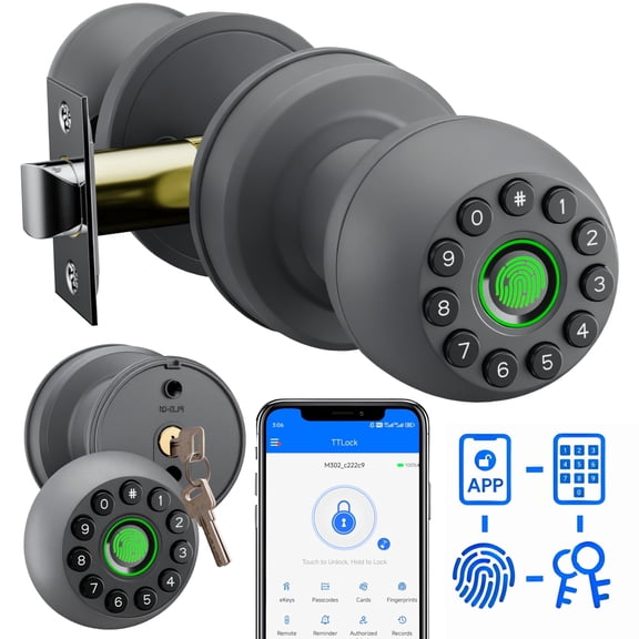 Door Knob,Blacksmith 4 in 1 Smart Door Knob With Fingerprint,App,Password and Key Quick Unlock,Biometric Smart Door Lock for Home, Apartment, Office,Gray