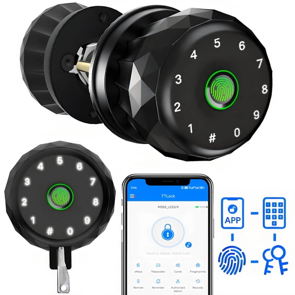 Door Knob,Blacksmith Smart Door Knob With 4 Ways Quick Unlock,Fingerprint Door Lock,Smart Door Lock for Home, Apartment, Office,Black