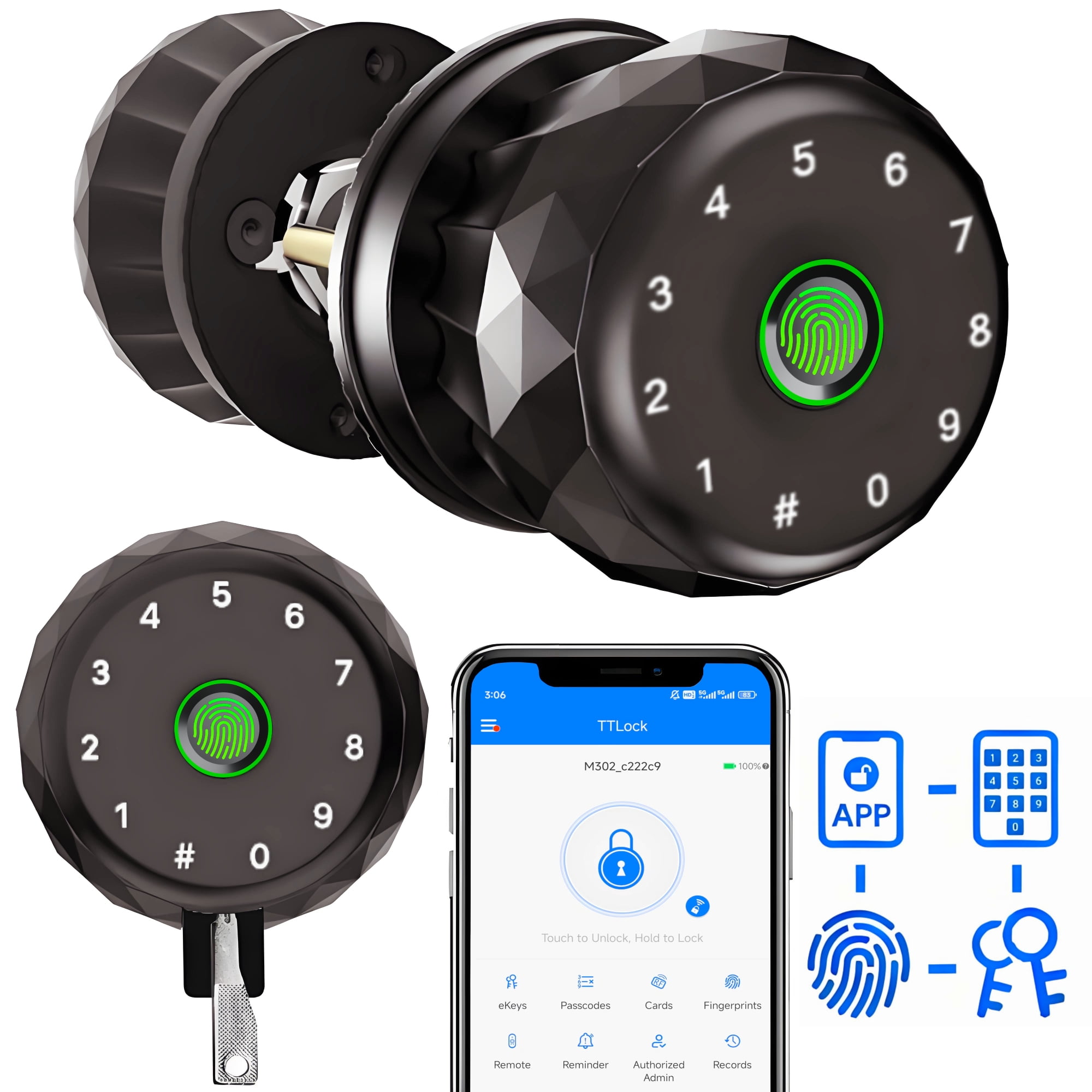 Door Knob,Blacksmith Smart Door Knob With 4 Ways Quick Unlock,Fingerprint Door Lock,Smart Door Lock for Home, Apartment, Office,Bronze
