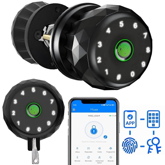 Smart Door Knob,Blacksmith 4 in 1 Door Knob With Fingerprint,App Control,Password and Keys Unlock,Smart Door Lock,Black