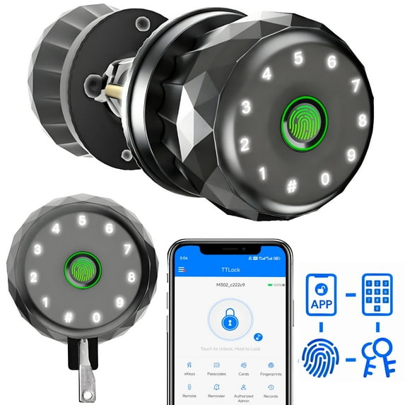 Smart Door Knob,Blacksmith 4 in 1 Door Knob With Fingerprint & App Control & Password &Keys,Biometric Smart Door Lock for Home, Apartment, Office,Silver 