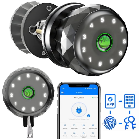 Smart Door Knob,Blacksmith 4 in 1 Door Knob With Fingerprint,App Control,Password and Keys Unlock,Smart Door Lock,Silver