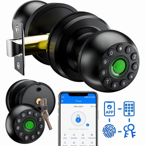 Door Knob,Blacksmith 4 in 1 Smart Door Knob With Fingerprint,App,Password and Key Quick Unlock,Biometric Smart Door Lock for Home, Apartment, Office,Black