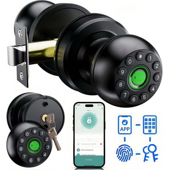 Door Knob,Blacksmith 4 in 1 Smart Door Knob With Fingerprint,App,Password and Key Quick Unlock,Biometric Smart Door Lock for Home, Apartment, Office,Black