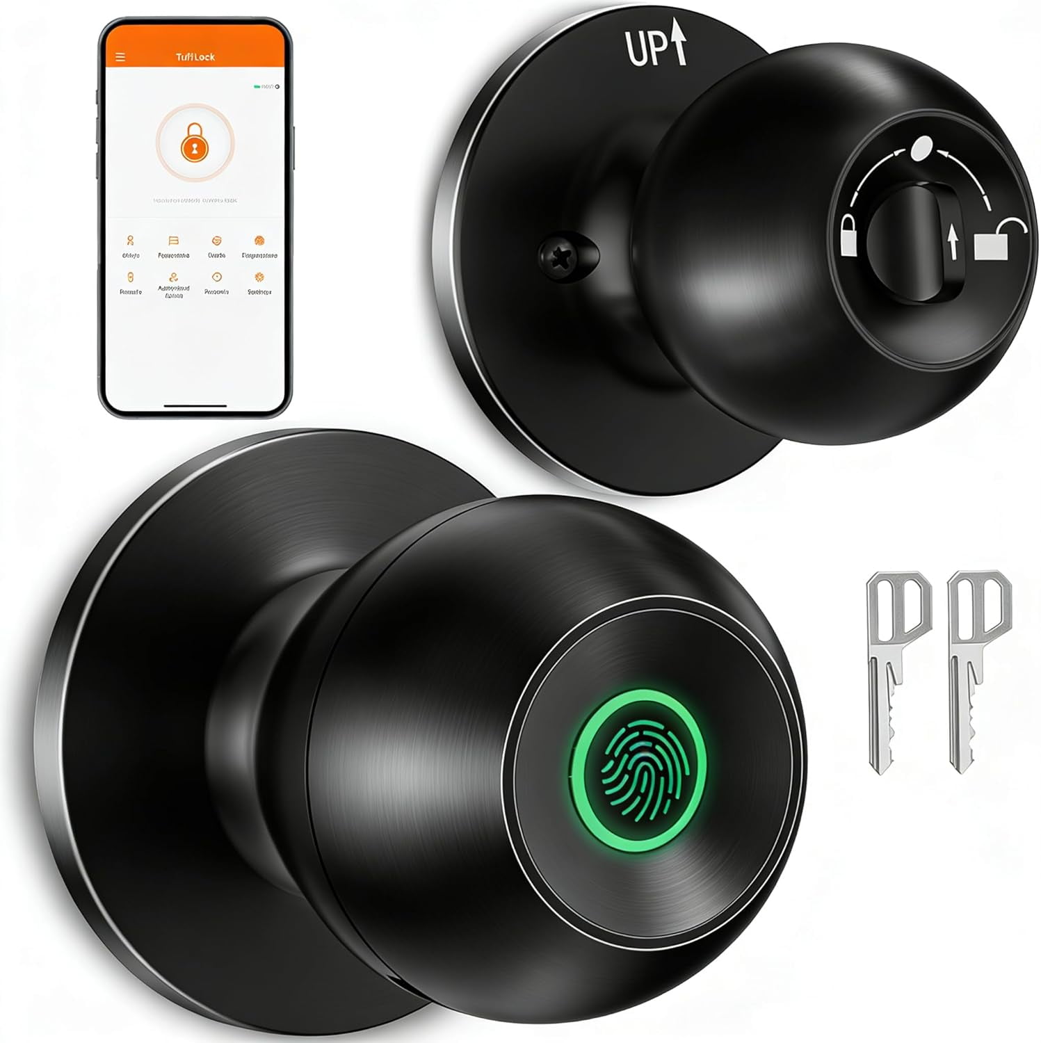 Smart Door Knob, Fingerprint Door Lock with App Control, Auto-Lock, Easy Installation, Great for Bedrooms, Cloakroom, Apartments, Offices (Black)
