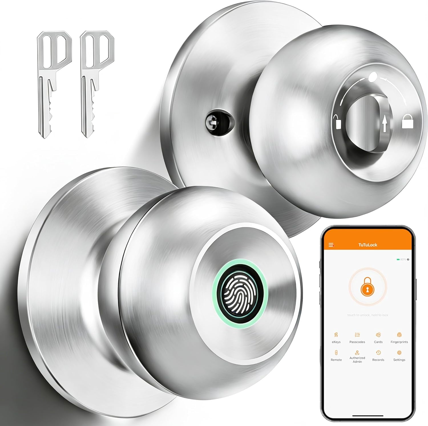 Fingerprint Door Lock, Smart Door Knob with App Control, Auto-Lock, Easy Installation, Great for Bedrooms, Cloakroom, Apartments, Offices (Silver)