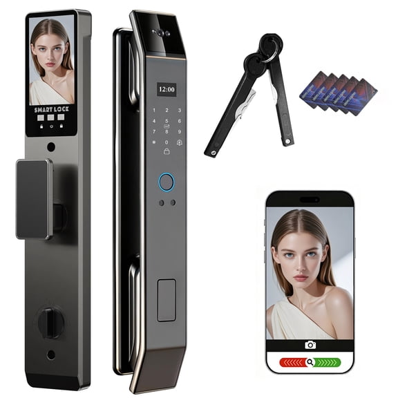 Smart Door Lock with 3D Face Recognition & Camera, Intercome, Doorbell, Fingerprint Keyless Entry, Password, IC Card, Key, Tuya App Control, Smart Home Front Door Security