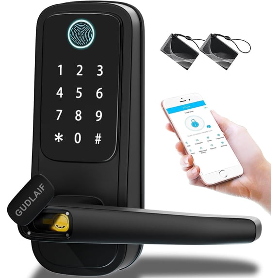 Smart Door Lock,5-in-1 Keyless Entry Door Lock with Handle,Keypad Door Lock Support WIFI & APP Control,Biometric Fingerprint Digital Door Lock for Front Door Hotel Office Home(Black)