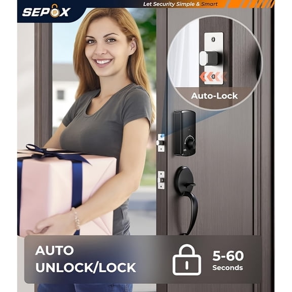 Smart Door Lock with 5-in-1 Keyless Entry System (Fingerprint, App, WiFi,, Key) | Automatic Locking Deadbolt Suitable for Interior/Exterior Doors, Left/Right Handed Lock, - for