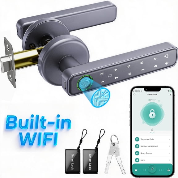 Smart Door Lock,Blacksmith 5 in 1 Smart Door Handle with Built-in WiFi Gateway and Fingerprint,App,Password,Key,Card Unlock,Smart Lock for Door,Gray