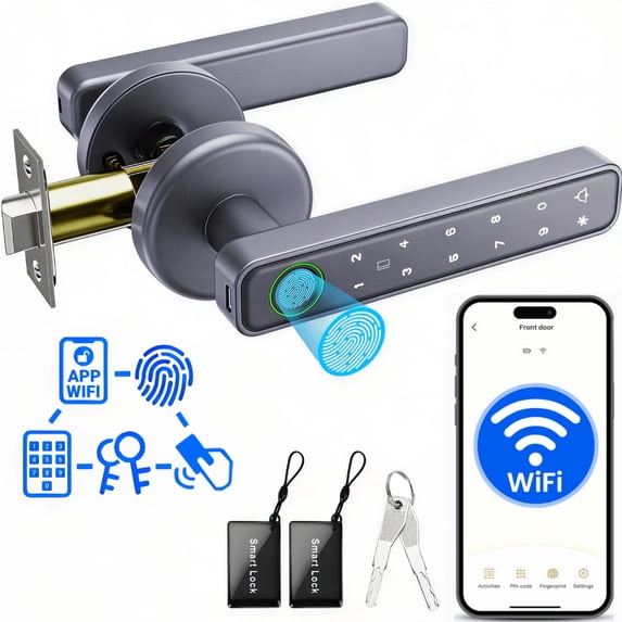 Smart Door Lock,Blacksmith 5 in 1 Smart Door Handle with Built-in WiFi Gateway and Fingerprint,App,Password,Key,Card Unlock,Smart Lock for Door,Gray