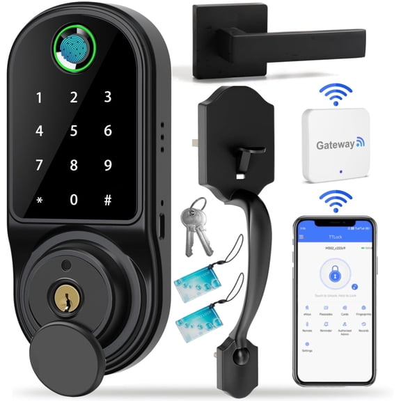Door Lock,Blacksmith Smart Door Lock and Handle Set with Wifi Gateway and 5 Ways Quick Unlock,Fingerprint Door Lock,Electronic Door Lock for Front/InteriorDoor,Black
