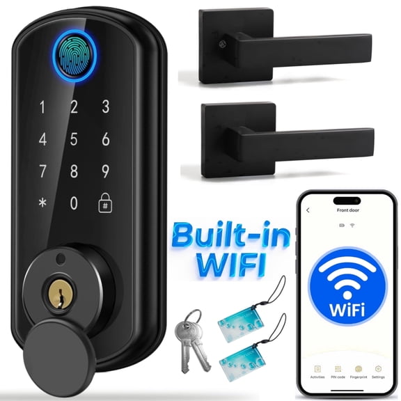 Door Lock,Blacksmith 5 in 1 Smart Door Lock and Handle Set with Built-in Wifi Gateway and 5 Ways Quick Unlock,Fingerprint Smart Lock for Door,Black