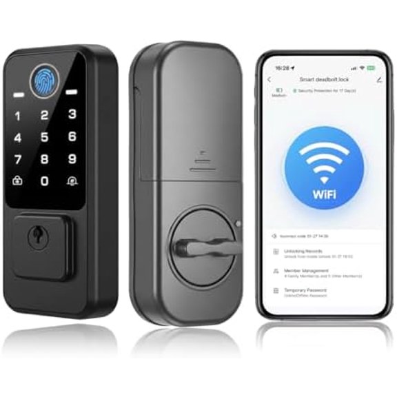 Smart Door Lock with Built-in WiFi - Keyless Entry Door Lock for Front Door, Fingerprint Door Lock with App Control, 5-in-1 Touchscreen Deadbolt with 5 Keys & 2 NFC Cards, Auto Lock
