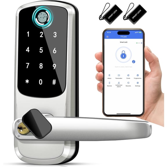 Smart Door Lock with Handle Keyless Entry & Remote Access Fingerprint Keypad Exterior Lock Smart Locks for Front Door Home Airbnb Rental Electronic Deadbolt Lock One-Time Password TT