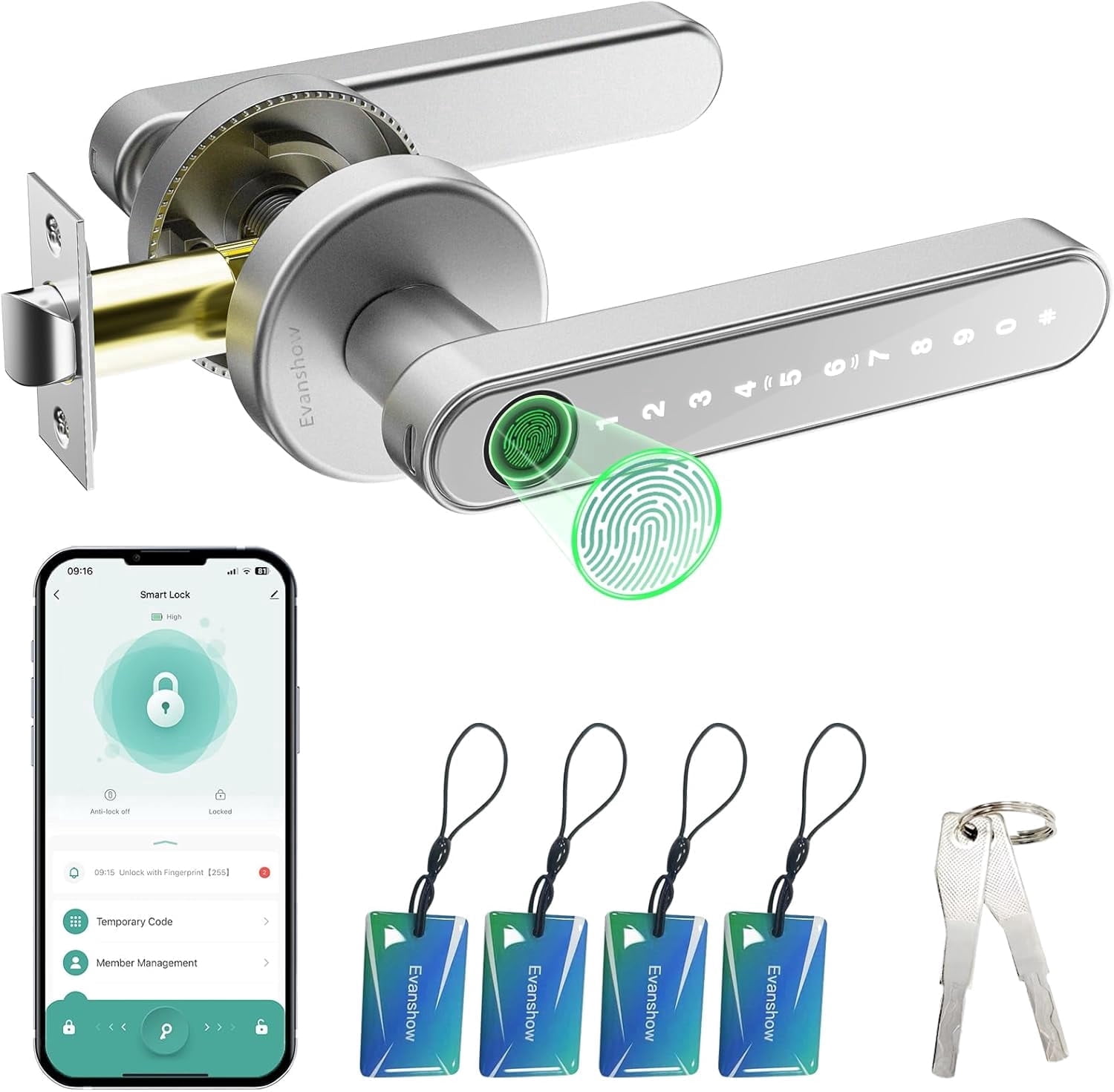 Evanshow Silver Keyless Entry, Fingerprint Door Knob Door Locks with ...