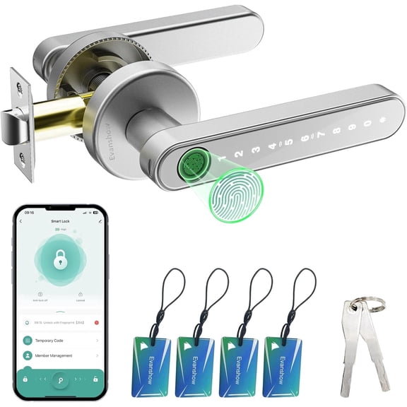 Evanshow Silver Keyless Entry, Fingerprint Door Knob Door Locks with Door Lock, Key, NFC Card