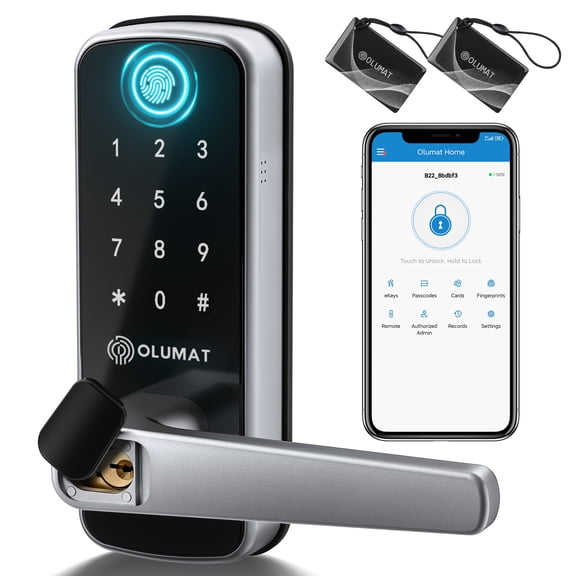 Smart Door Lock, OLUMAT Keyless Entry Door Lock Fingerprint Door Lock with Keypad Digital Door Lock with Handle for Home, Rental, Office and Hotel-Silver