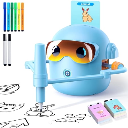 Drawing Robot for Kids, with 100 Word Cards, Voice Interactive Educational Drawing Machine, Montessori Painting Learning Toys for 3-8 Year Old Boys Girls Birthday Party (Blue)