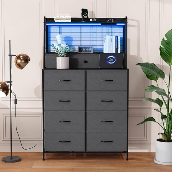 Smart Dresser with 11 Fabric Drawers, Built-in Charging Station & App-Controlled RGB LED Lighting - Industrial Storage Organizer with Anti-Tipping Design for Bedroom, Living Room, Closet, Grey