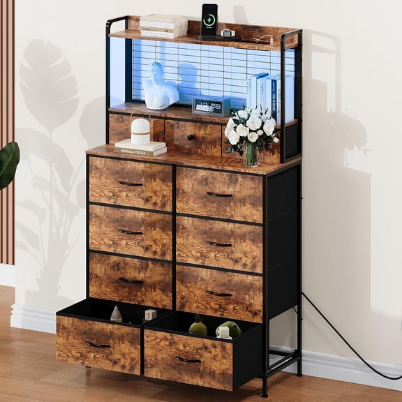 Smart Dresser with 11 Fabric Drawers, Built-in Charging Station with Wireless Charger, App-Controlled RGB LED Lights, Industrial Storage Organizer with Anti-Tipping Design for Bedroom, Brown
