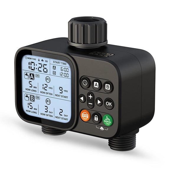 Smart Dual Outlet Irrigation Timer, Automatic And Manual Watering Controller With Programmable Schedule For Garden Lawn Plant Care, Install Outdoor Tap Valve System