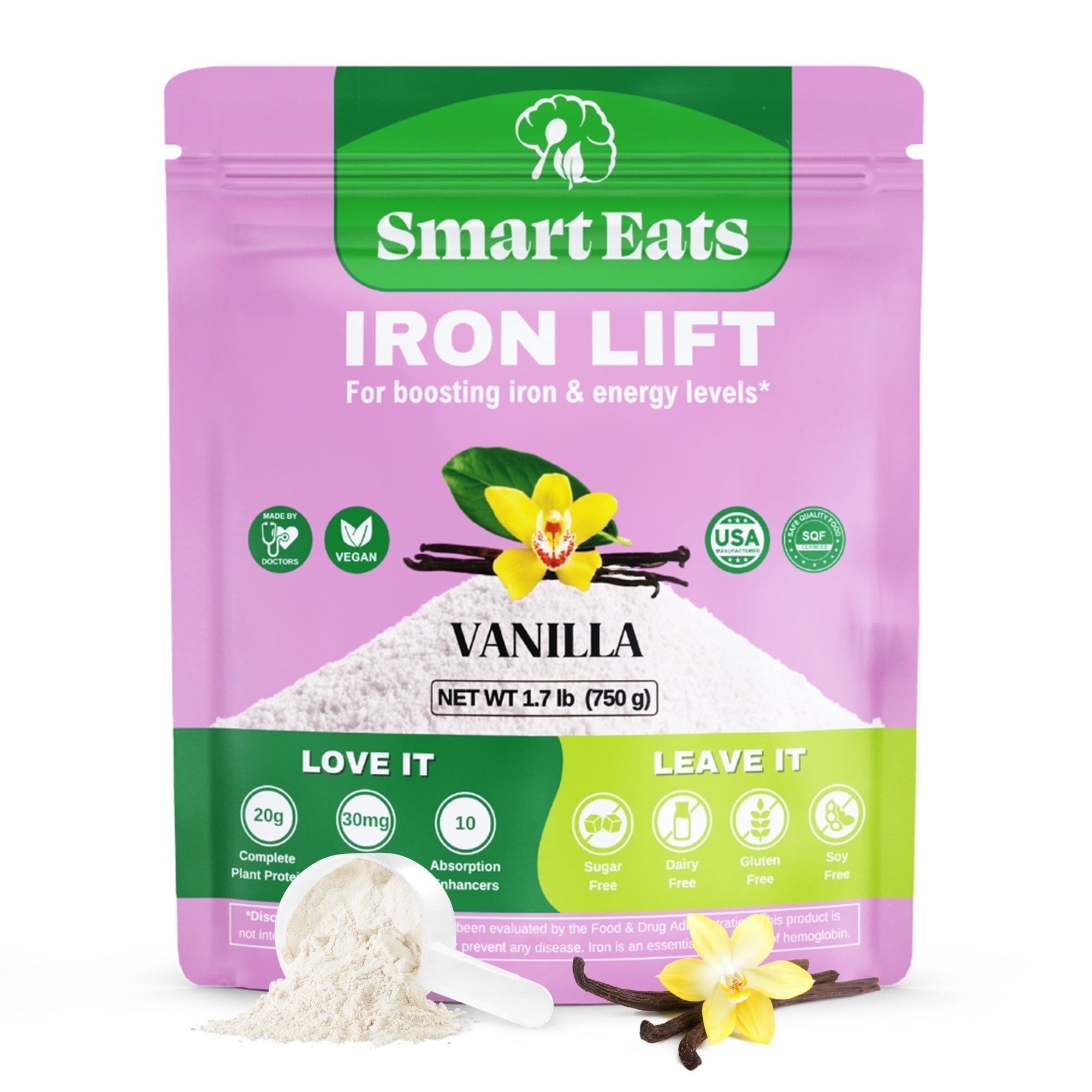 Smart Eats Iron Lift - Powder Iron Supplement - 30mg Gentle Iron, 20g Protein, 6g Fiber - Vitamins - For Anemia - Support Energy, Hair & Gut - Vegan - Vanillla Flavor - 30 Scoops