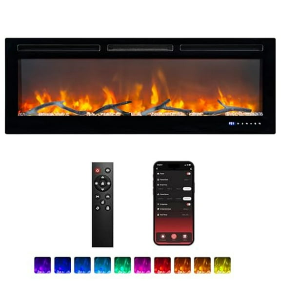 Smart Electric Fireplace, 50 Inch Wide-in Wall Recessed, 12 Realistic Ember Color/Flame Options, 1500W Heater, Alexa/WiFi Enabled
