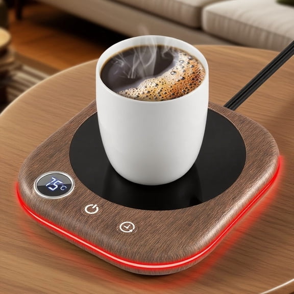 Smart Electric Thermos Cup with Temp Display, 40W, 3 Temp Settings & 1-12H Timer, Auto Shut-Off, for Coffee Tea Milk, Wood Grain