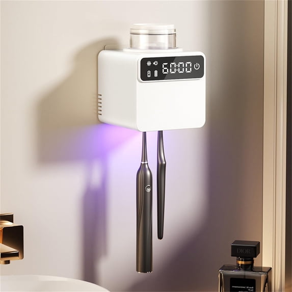 Smart Electric Toothbrush Holder with Cleaning & Hot Air Drying, LED Screen Wall Mounted Organizer, 2-Slot Bathroom Storage for Home and Travel
