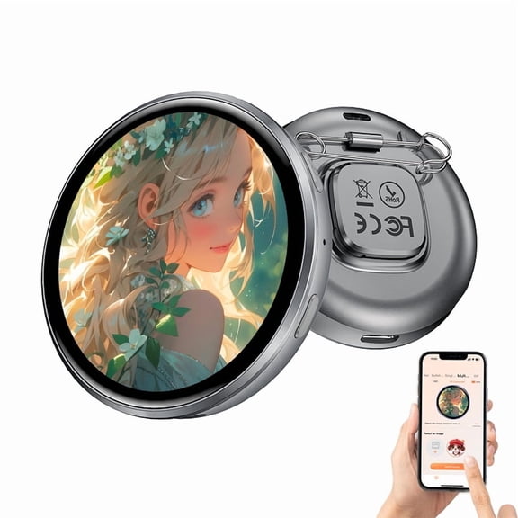 Smart Electronic Display Pin, 1.85" 360360 Circular HD Screen, 600mAh Rechargeable Badge with Capacitive Touch, Remote Shutter & Mini Games, Multi Wearing Styles